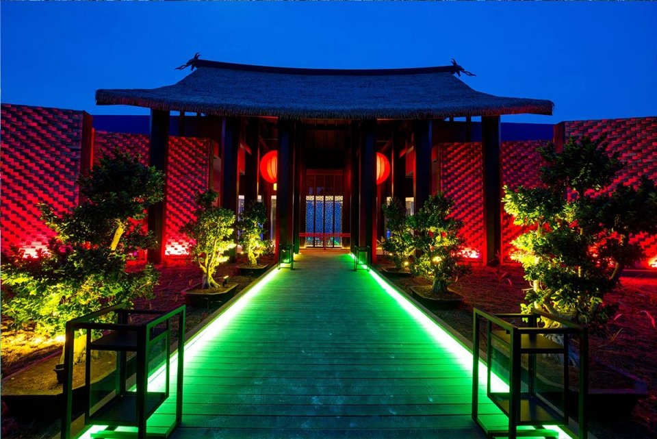 Restaurant entrance at dusk