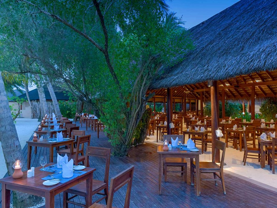 Restaurant seating under a thatched roof