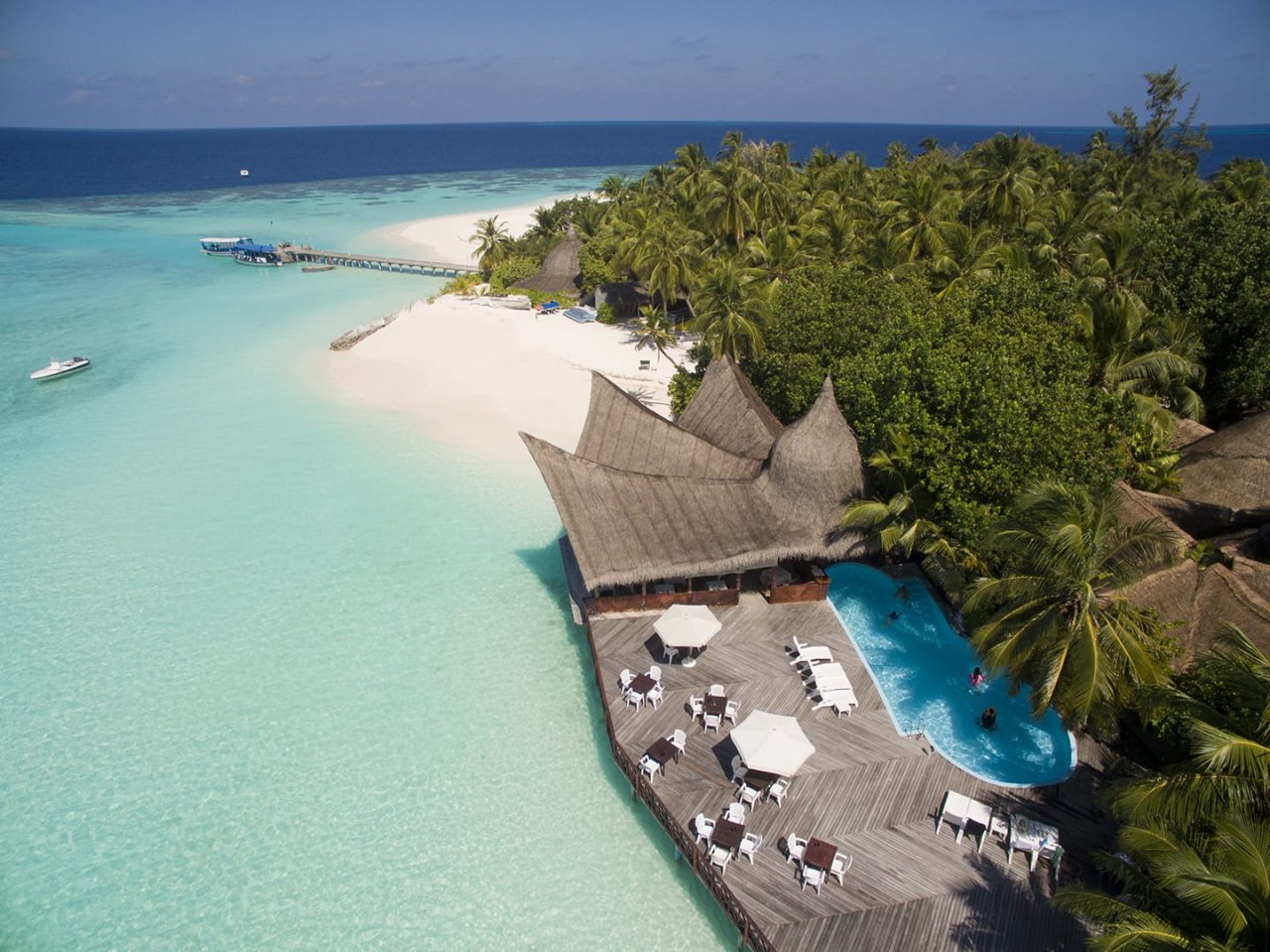 Aerial view of the island's beach and bar