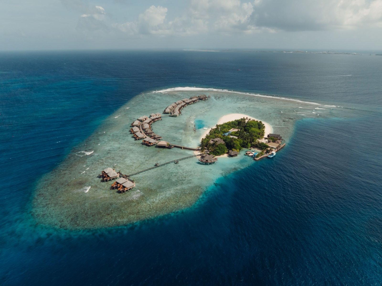 Aerial view of the island surrounded by reef