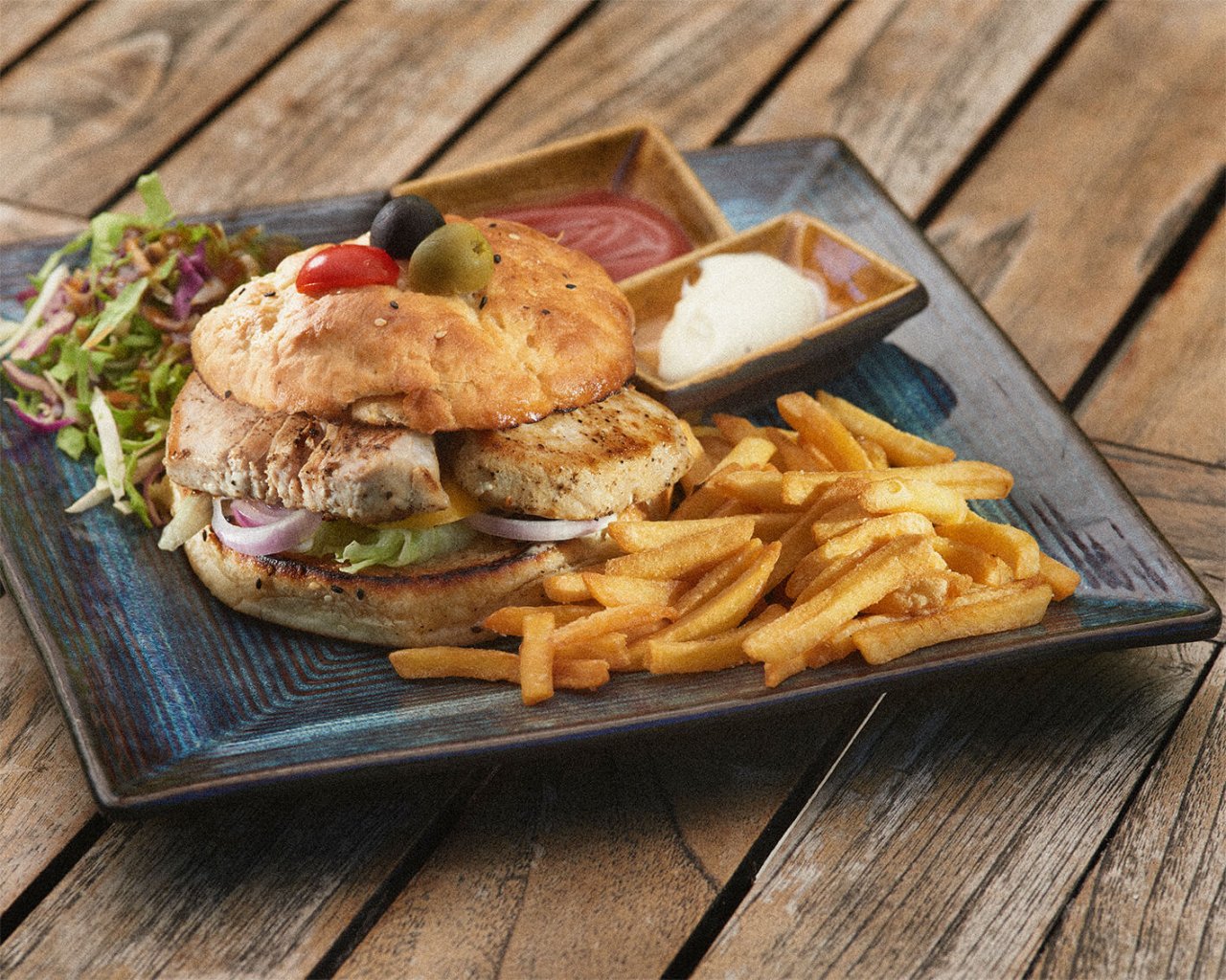Burger and fries from the Bliss restaurant