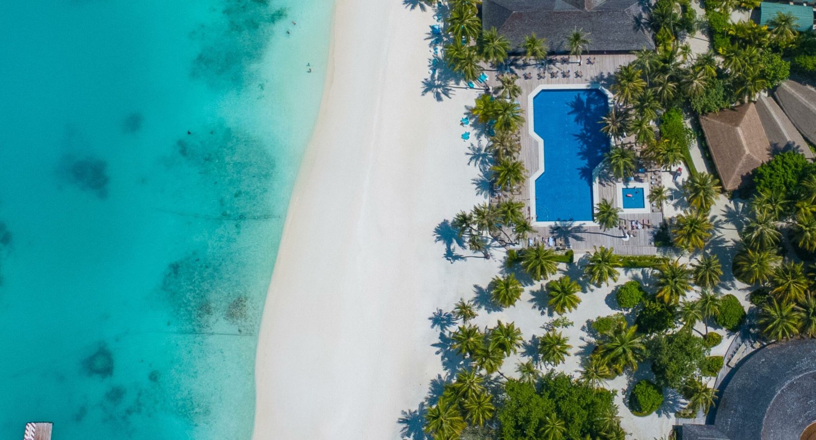 Aerial view of the beach and a villa pool