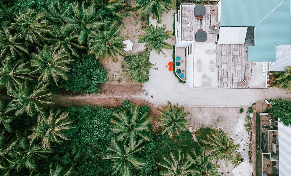 Bliss Dhigurah building seen from above among the palms