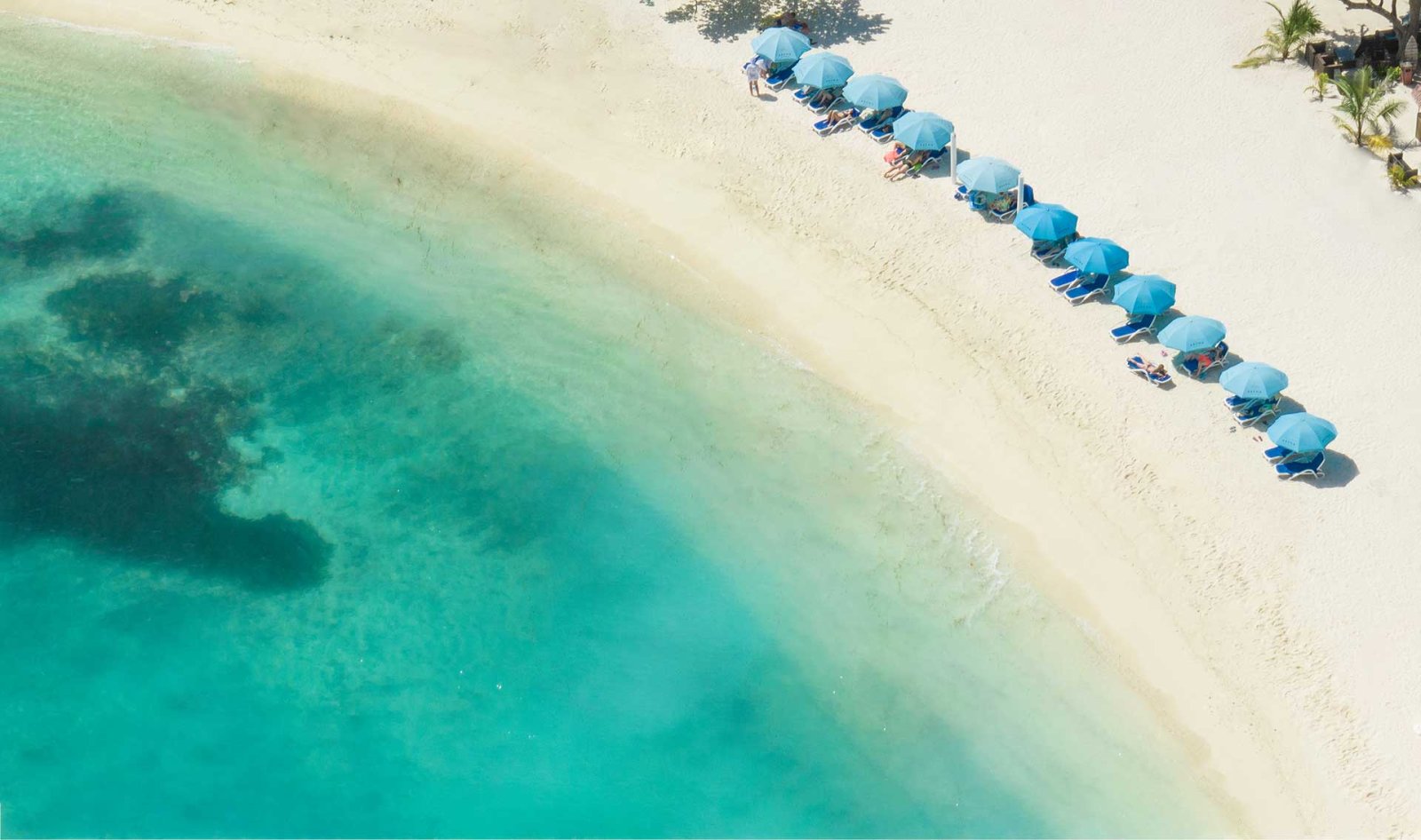 Maafushi bikini beach with sunbeds and umbrellas from above