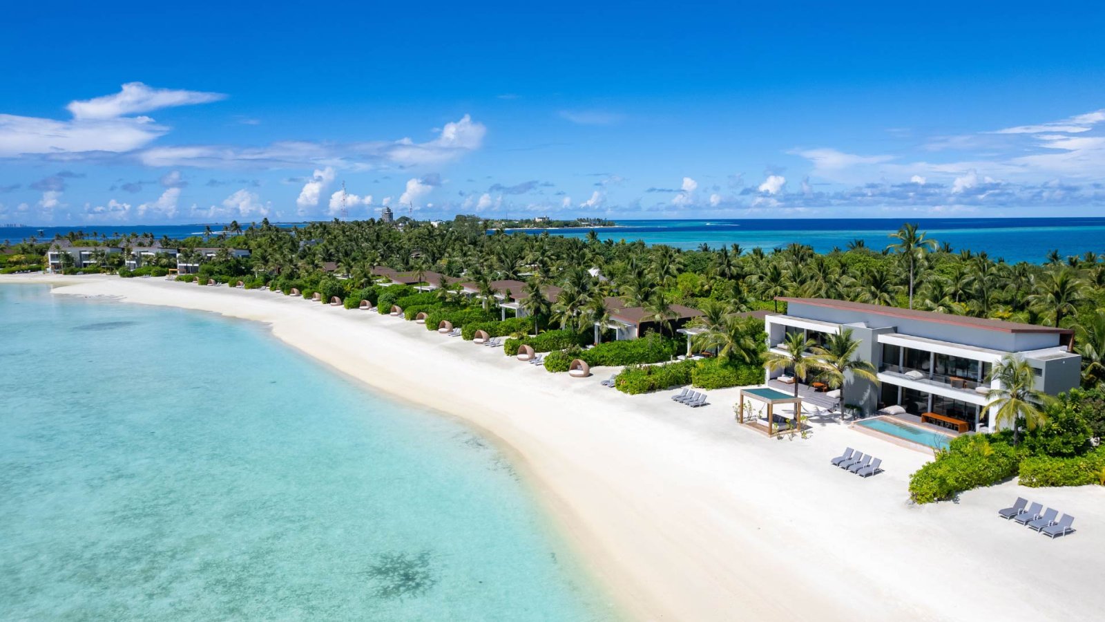 Aerial view of the beach and villas on Kuda Villingili