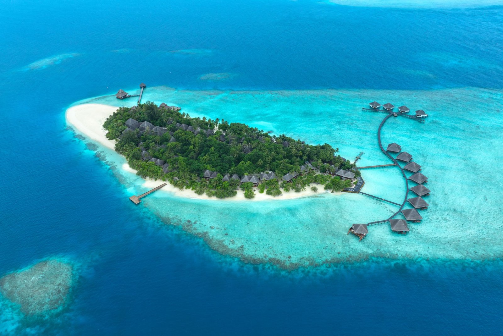 Aerial view of Rannalhi island and its reef