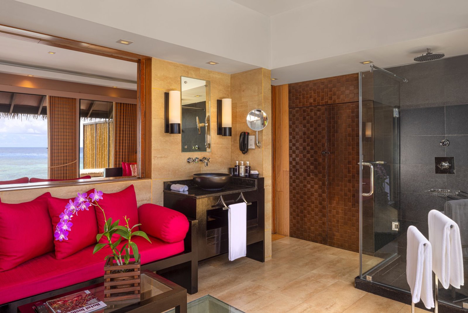 Sunset Water Villa with Private Pool and Jacuzzi: sitting area and bathroom