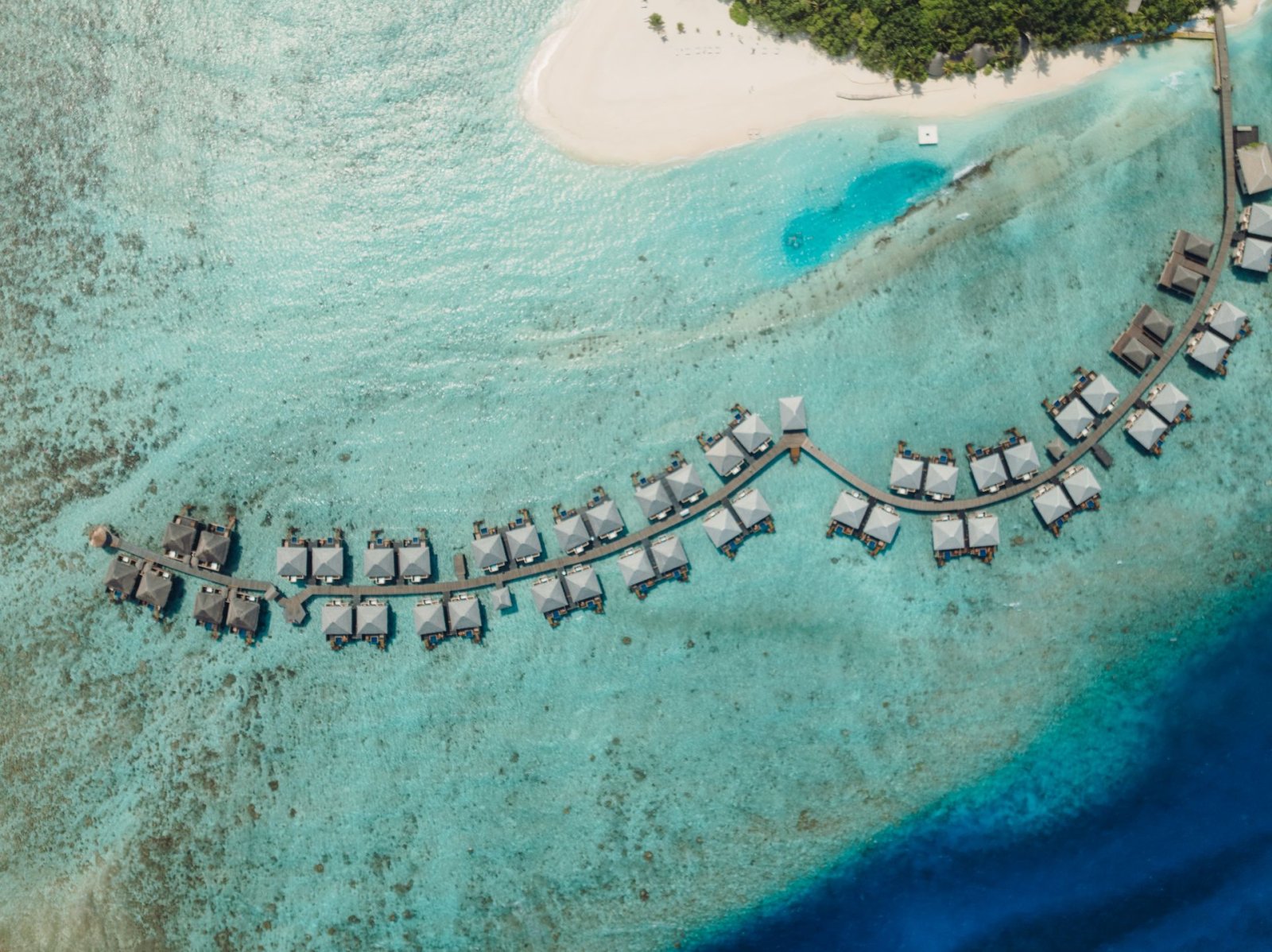 Aerial view of the overwater villa walkway
