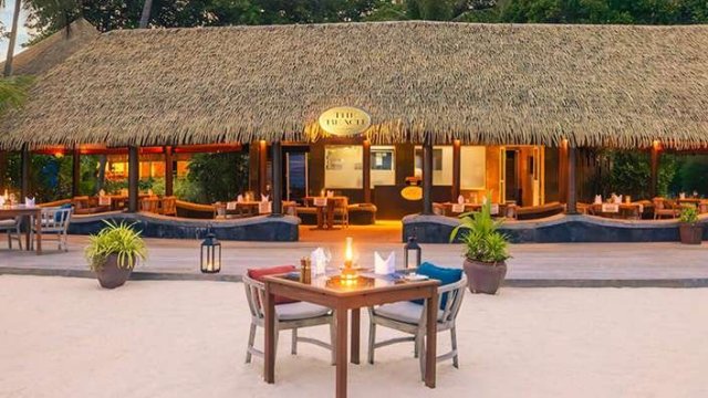 Restaurant at the water's edge in the evening