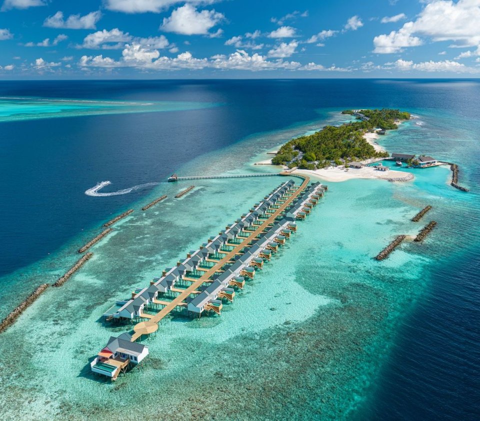 Aerial view of Helengeli island and its water villas