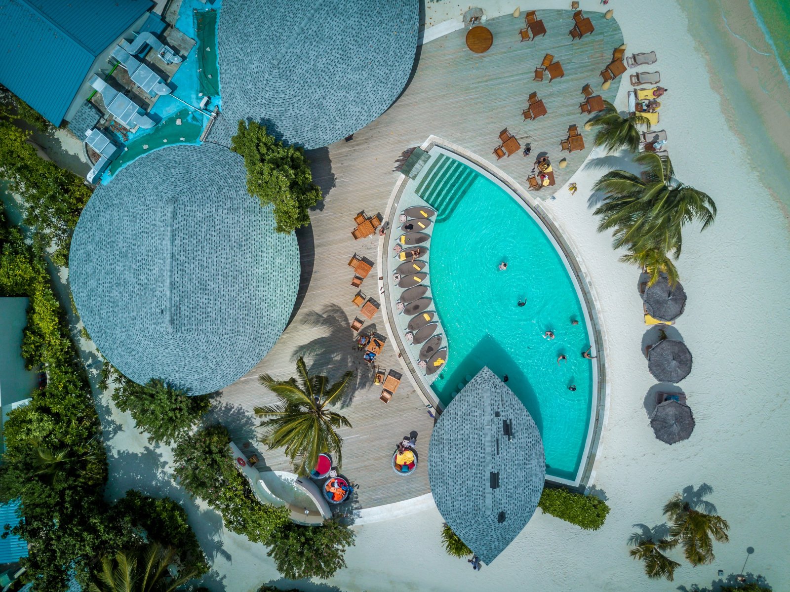 Aerial view of the pool and overwater pavilions