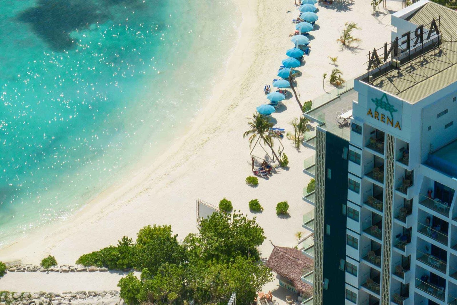 Aerial view of Arena Beach Hotel and the beach