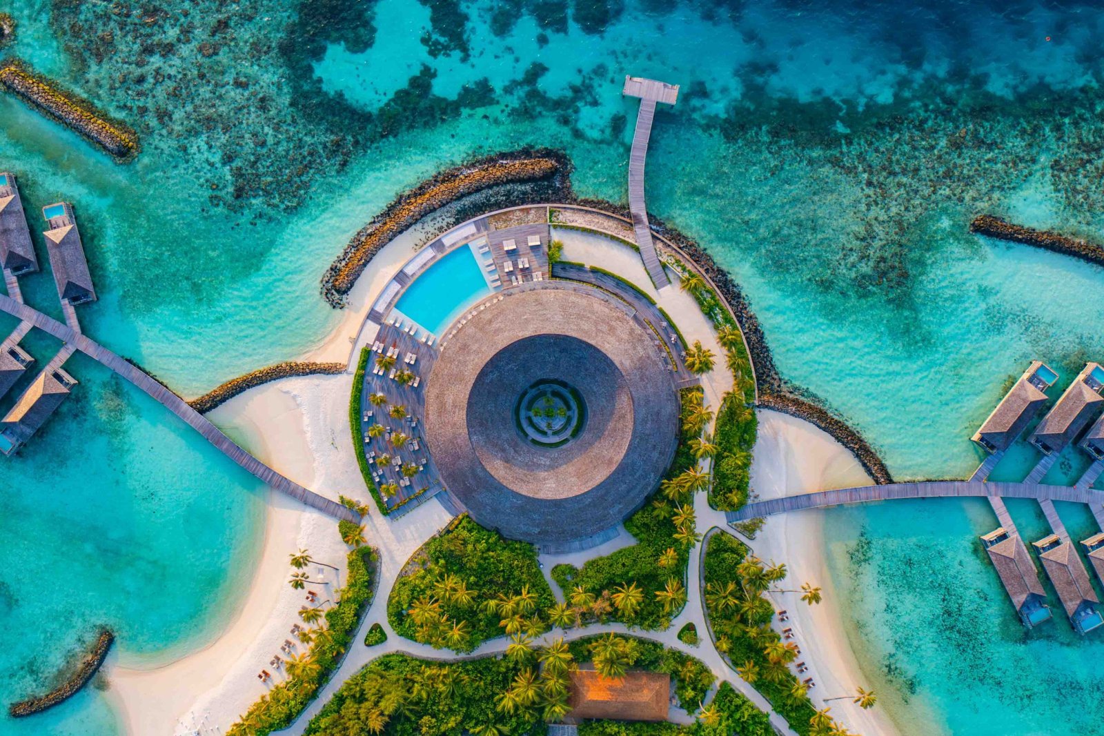 Aerial view of the Baani Spa and overwater villas