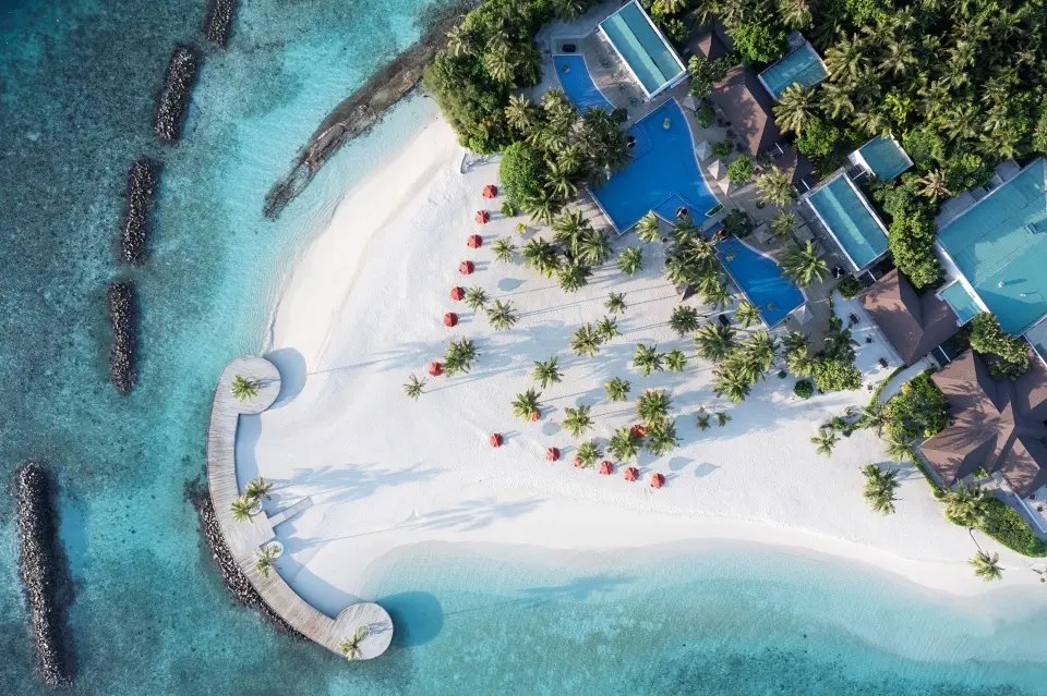 Pool and beach area from above